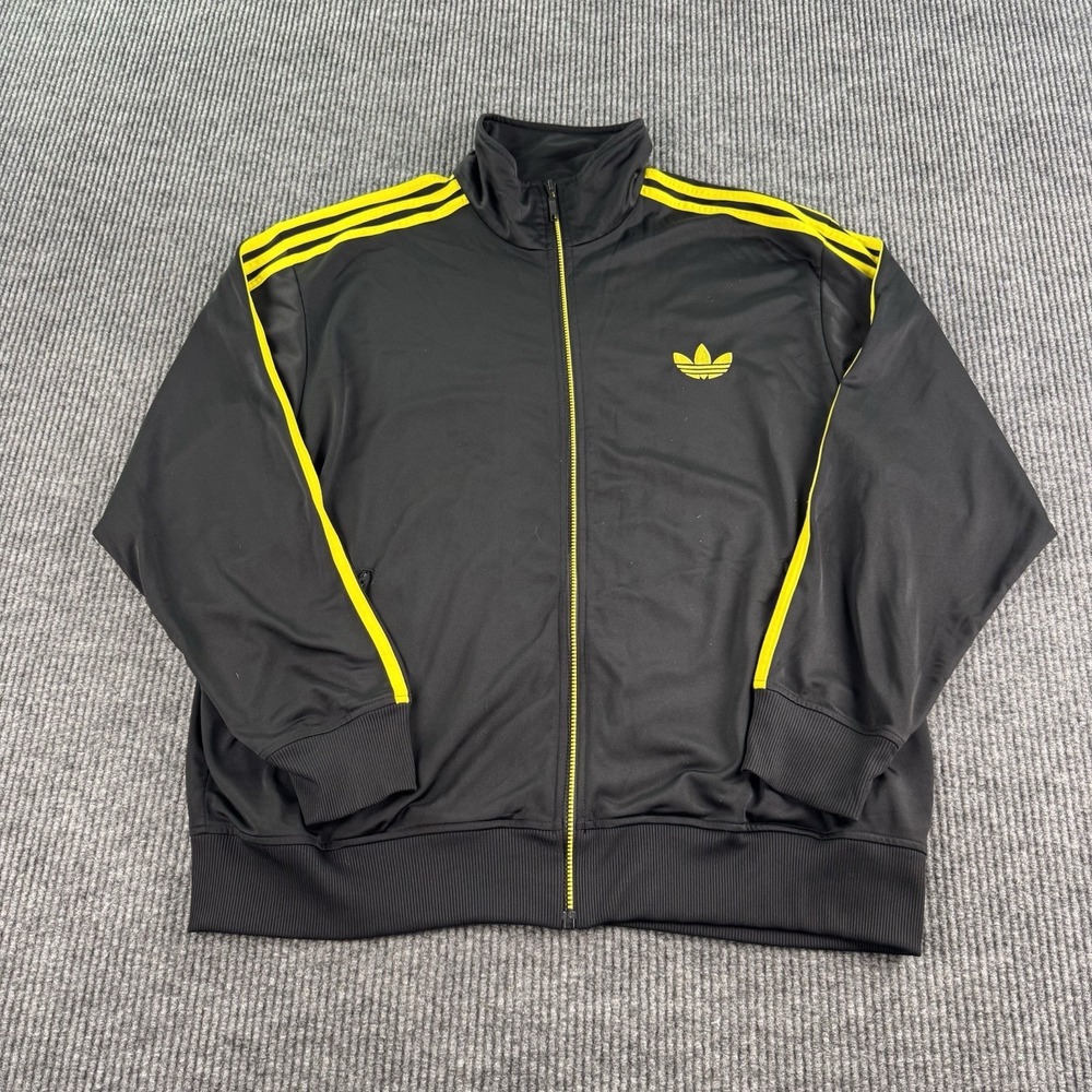Adidas Firebird Track Jacket Men 2XL Black Neon Yellow Trefoil Full Zip 3 Stripe